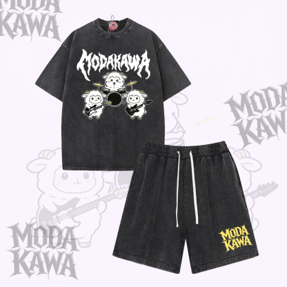 ECHIKAWA Lamb Band Graphic Modakawa Vintage Washed T-Shirt Shorts Zweiteiliges Set - Black - 3XL - image 2