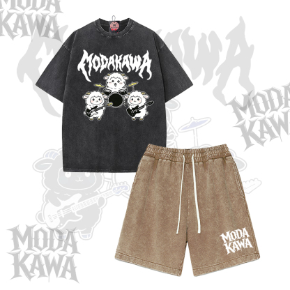 ECHIKAWA Lamb Band Graphic Modakawa Vintage Washed T-Shirt Shorts Zweiteiliges Set - Black & Brown - 3XL - image 1