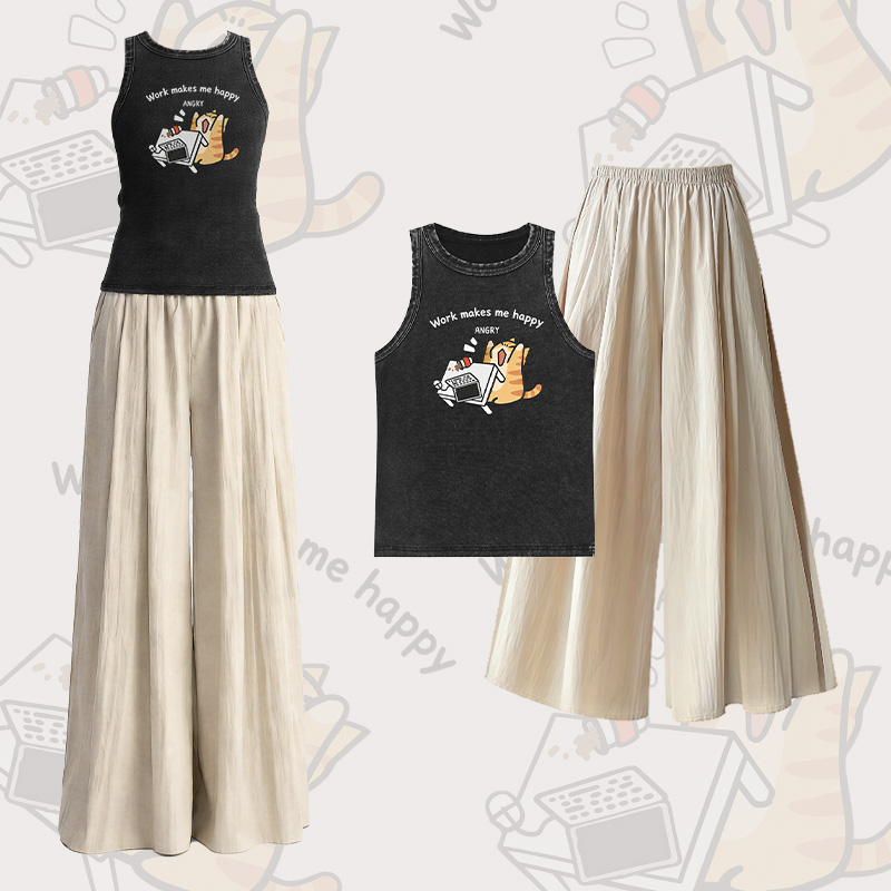 WORK MAKE ME HAPPY Katzenmotiv Vintage Washed Ärmelloses T-Shirt Weite Hose Modakawa Zweiteiliges Set - Set A - L - image 1