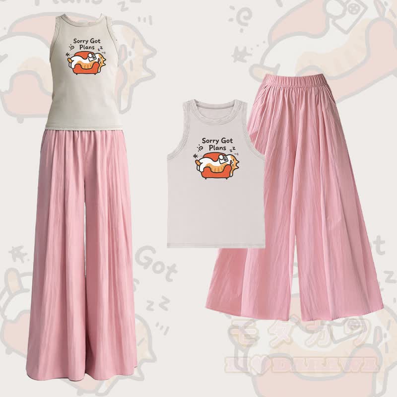 SORRY GOT PLANS Katzenmotiv Vintage Washed Ärmelloses T-Shirt Weite Hose Modakawa Zweiteiliges Set - Satz B - L - image 2