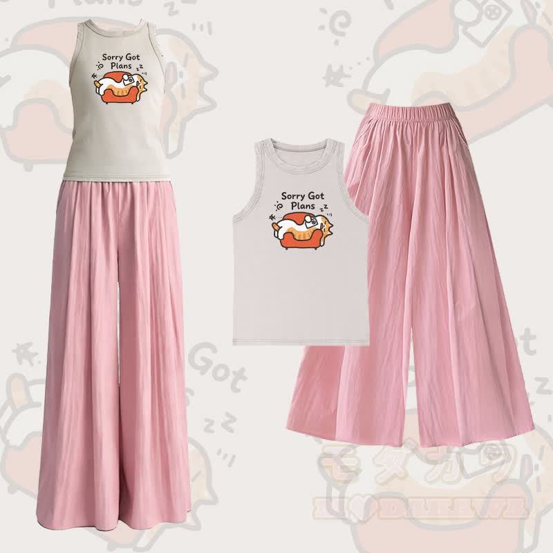 SORRY GOT PLANS Katzenmotiv Vintage Washed Ärmelloses T-Shirt Weite Hose Modakawa Zweiteiliges Set - Satz B - L - image 2