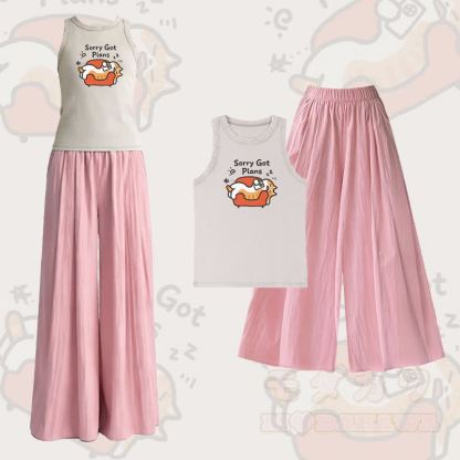 SORRY GOT PLANS Katzenmotiv Vintage Washed Ärmelloses T-Shirt Weite Hose Modakawa Zweiteiliges Set - Satz B - L - image 2