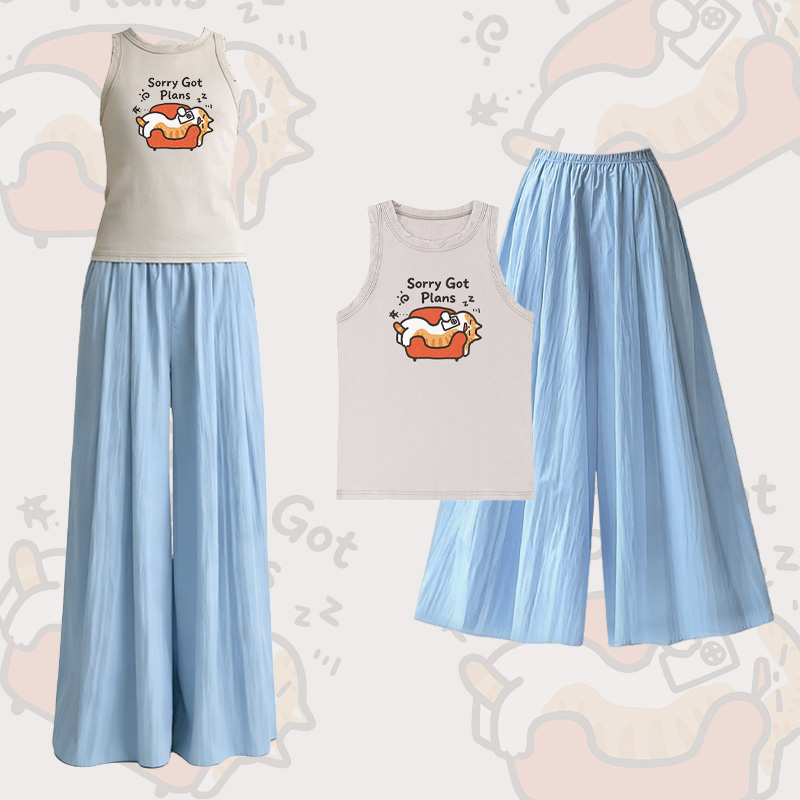 SORRY GOT PLANS Katzenmotiv Vintage Washed Ärmelloses T-Shirt Weite Hose Modakawa Zweiteiliges Set - Set A - L - image 1