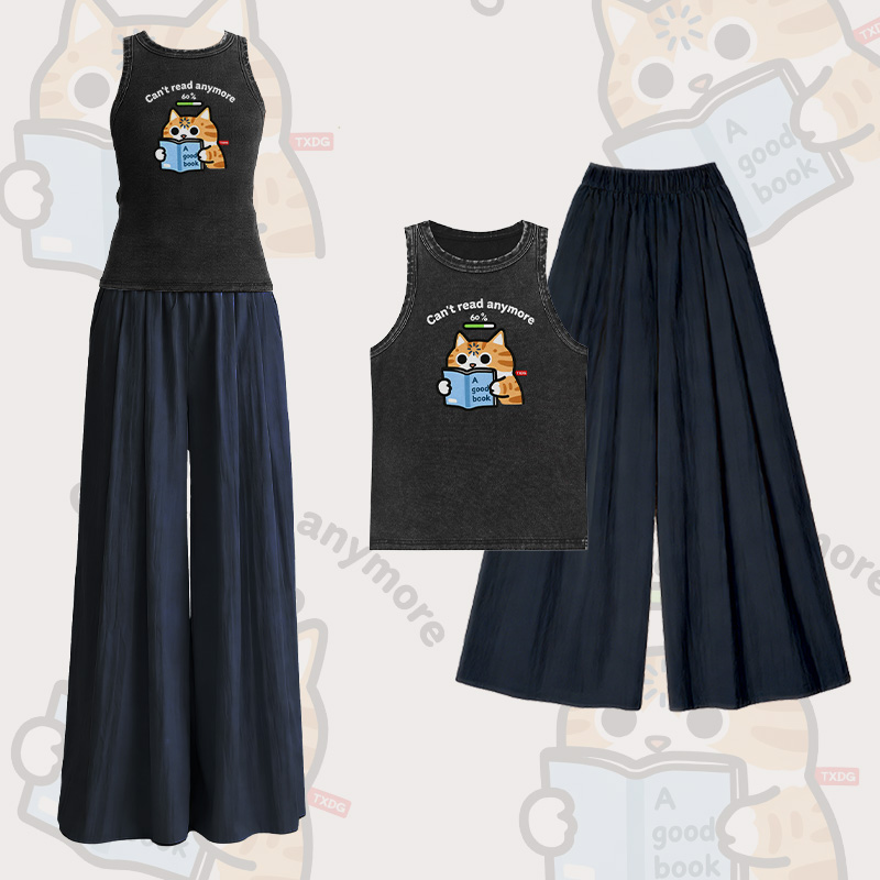 Ich kann nicht mehr lesen! Katzenmotiv Vintage-gewaschenes ärmelloses T-Shirt, ärmellose Hose mit weitem Bein, Modakawa Zweiteiler - Set A - L - image 1