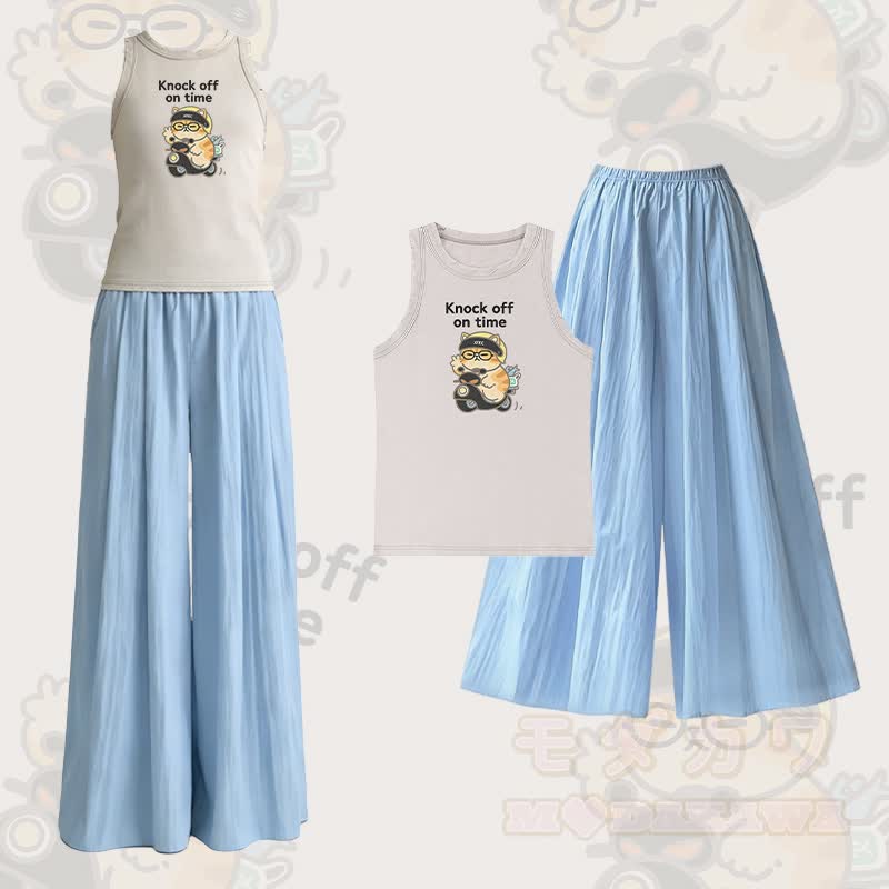 Modakawa Zweiteiler-Set mit Katzenmotiv im Vintage-Waschungs-Look, ärmellosem T-Shirt und weiten Hosen - Satz B - L - image 2