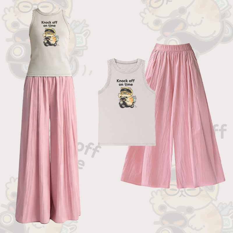 Modakawa Zweiteiler-Set mit Katzenmotiv im Vintage-Waschungs-Look, ärmellosem T-Shirt und weiten Hosen - Set A - L - image 1