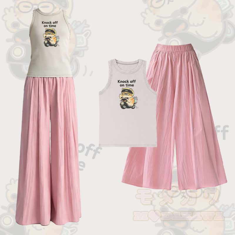 Modakawa Zweiteiler-Set mit Katzenmotiv im Vintage-Waschungs-Look, ärmellosem T-Shirt und weiten Hosen - Satz A - L - image 1