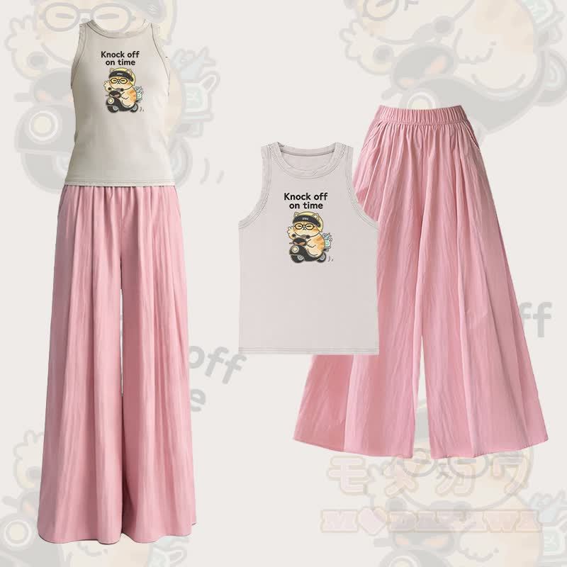 Modakawa Zweiteiler-Set mit Katzenmotiv im Vintage-Waschungs-Look, ärmellosem T-Shirt und weiten Hosen - Satz A - L - image 1