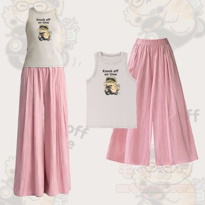 Modakawa Zweiteiler-Set mit Katzenmotiv im Vintage-Waschungs-Look, ärmellosem T-Shirt und weiten Hosen - Satz A - L - image 1