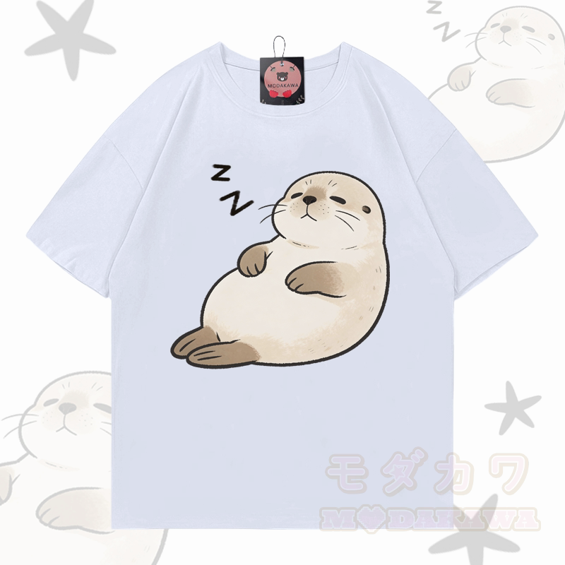 Modakawa T-Shirt aus 100 % Baumwolle mit schlafendem Seeotter-Motiv - Weiß - 5XL - image 2