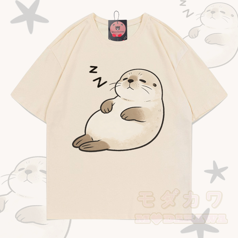 Modakawa T-Shirt aus 100 % Baumwolle mit schlafendem Seeotter-Motiv - Aprikose - 5XL - image 1