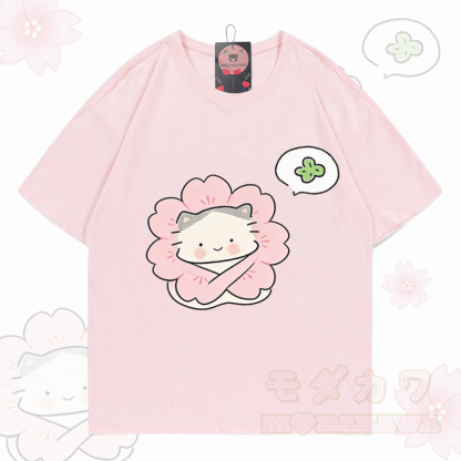 Modakawa T-Shirt aus 100 % Baumwolle mit niedlichem Blumen- und Katzenmotiv - Hellrosa - 5XL - image 1