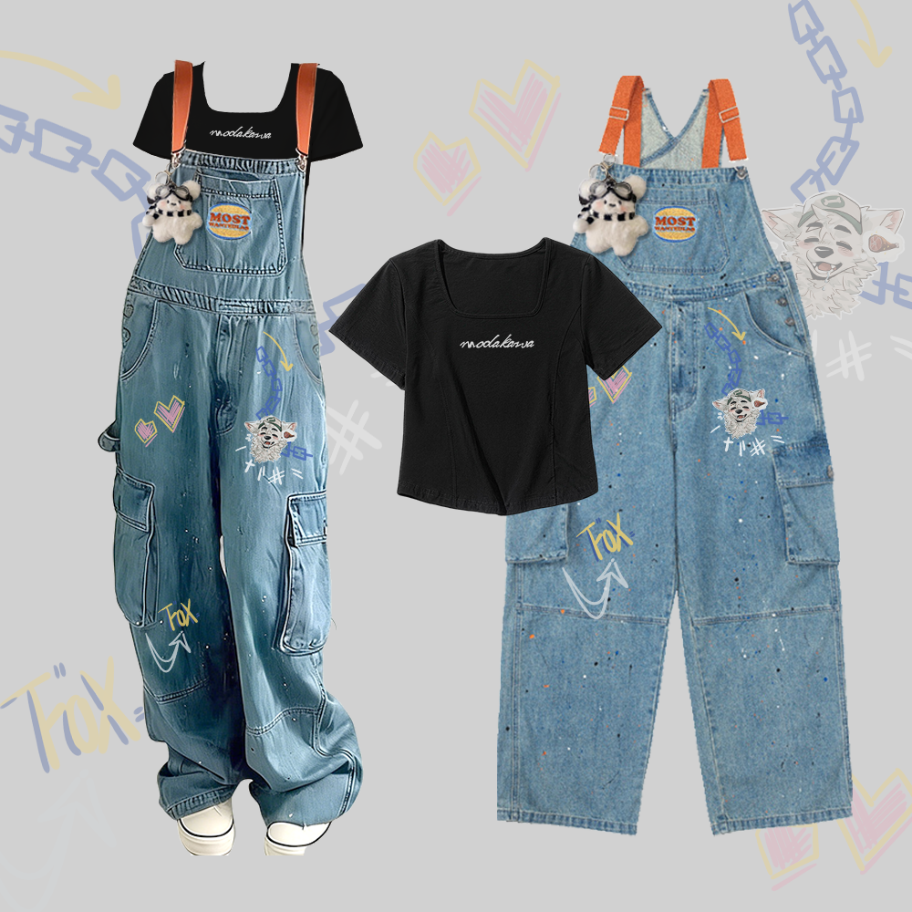 MODAKAWA X atka T-Shirt mit Buchstabengrafik, quadratischem Ausschnitt, Welpenanhänger, Latzhose aus Denim mit Fuchsmotiv (zweiteilig) - Black & Dark Blue - 2XL - image 1