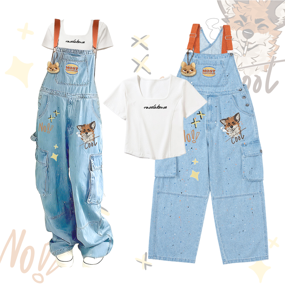 MODAKAWA X atka T-Shirt mit Buchstabengrafik, quadratischem Ausschnitt, Fuchsanhänger, Jeans-Overall mit Fuchs-Smoking-Grafik, zweiteiliges Set - White & Blue - 2XL - image 2