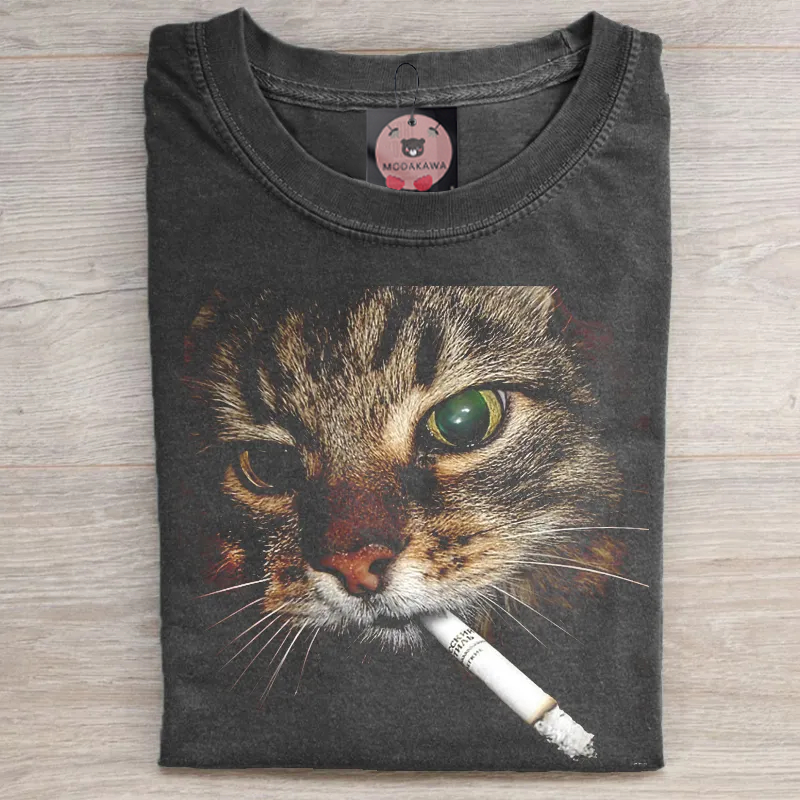 Unisex-T-Shirt mit Raucherkatzen-Motiv im Vintage-Stil - Black - 5XL - image 1