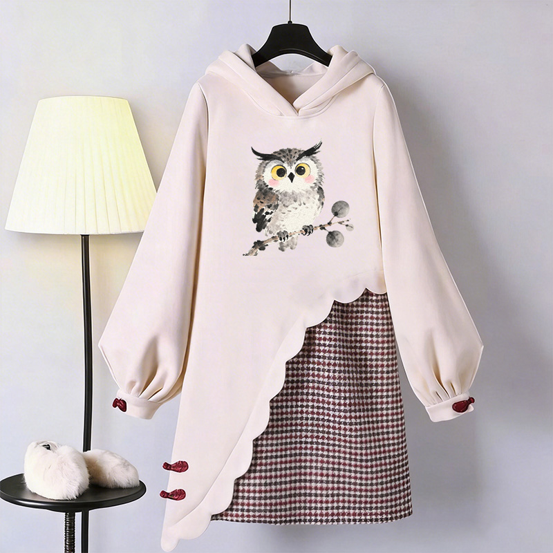 Eulen-Grafik Modakawa Schnalle Vintage Kapuzenpullover Kleid - Apricot - 3XL - image 1