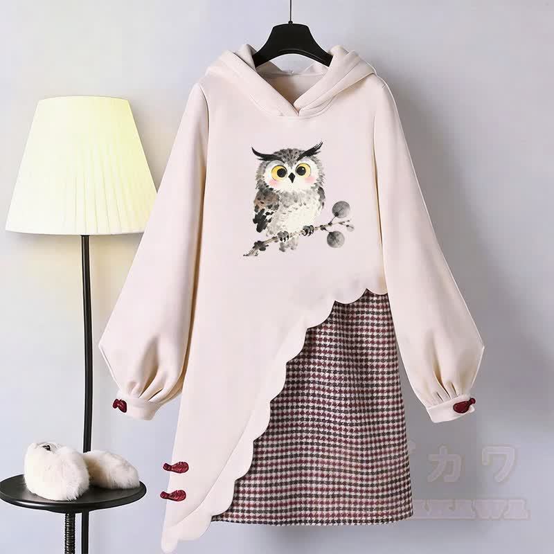 Eulen-Grafik Modakawa Schnalle Vintage Kapuzenpullover Kleid - Rosa - 3XL - image 1