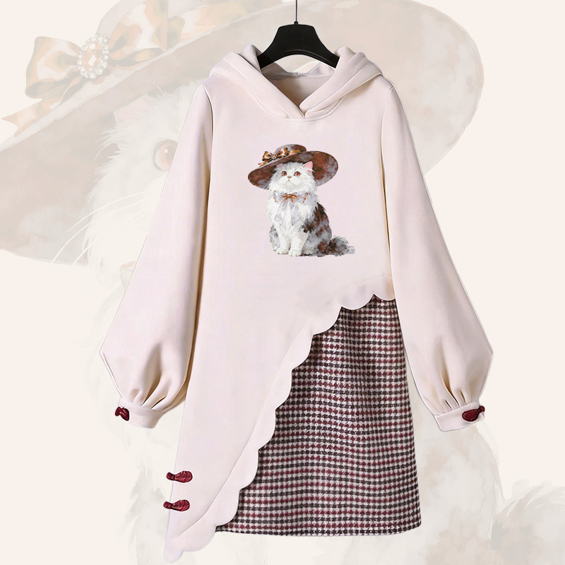 Vintage Kapuzenpullover-Kleid mit Katzenmotiv und Modakawa-Schnalle - Apricot - 3XL - image 2