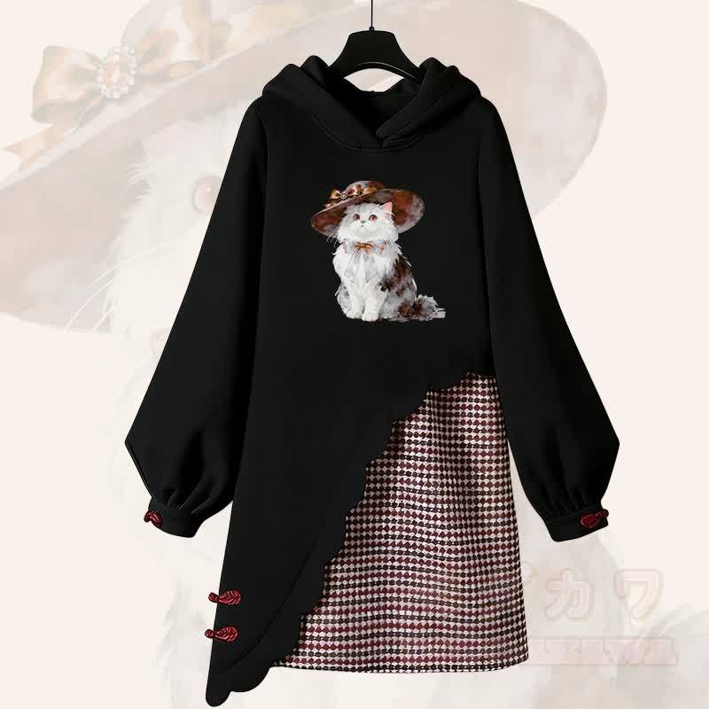 Vintage Kapuzenpullover-Kleid mit Katzenmotiv und Modakawa-Schnalle - Schwarz - 3XL - image 1