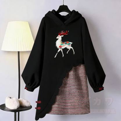 Vintage Kapuzenpullover-Kleid mit Hirschmotiv, Modakawa-Schnalle - Schwarz - 3XL - image 2