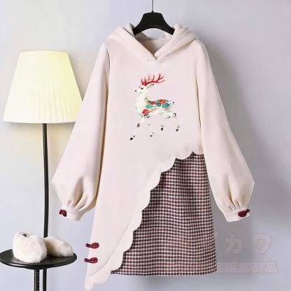 Vintage Kapuzenpullover-Kleid mit Hirschmotiv, Modakawa-Schnalle - Rosa - 3XL - image 1