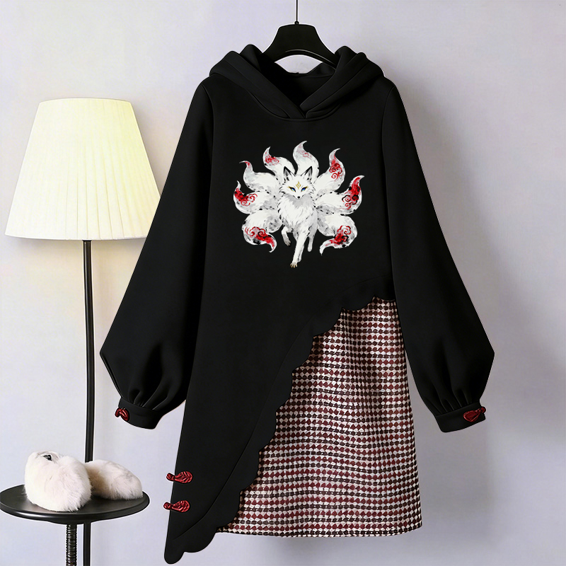 Vintage Kapuzenpullover-Kleid mit Modakawa-Schnalle und neunschwänzigem Fuchs-Motiv - Black - 3XL - image 1