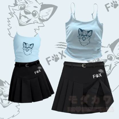 MODAKAWA X atka Fox Graphic Camisole Belt Pleated Skirt Two Pieces Set - Satz B - L - image 2