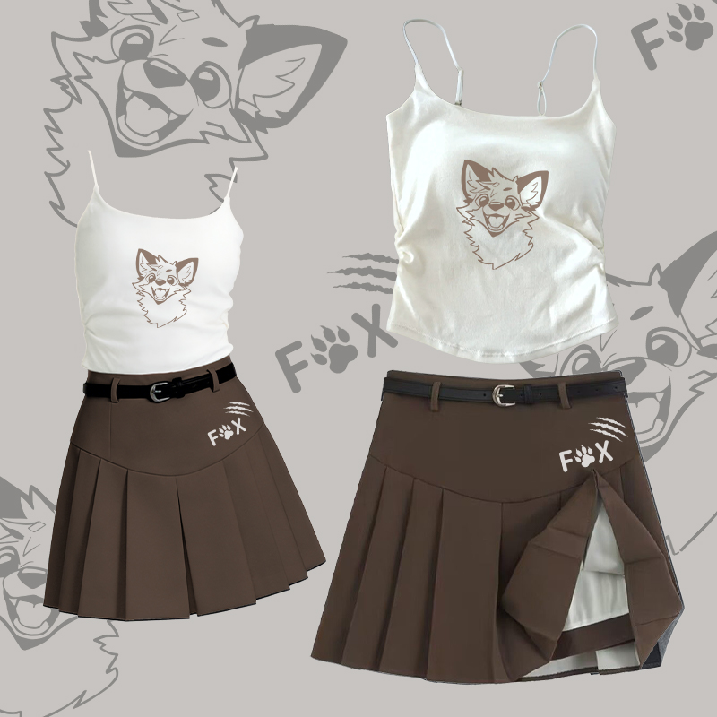 MODAKAWA X atka Fox Graphic Camisole Belt Pleated Skirt Two Pieces Set - Set A - L - image 1
