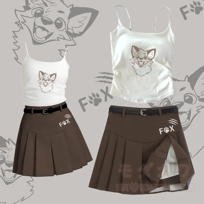 MODAKAWA X atka Fox Graphic Camisole Belt Pleated Skirt Two Pieces Set - Satz A - L - image 1