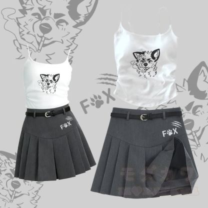 MODAKAWA X atka Smoking Fox Graphic Camisole Belt Pleated Skirt Two Pieces Set - Satz B - L - image 2