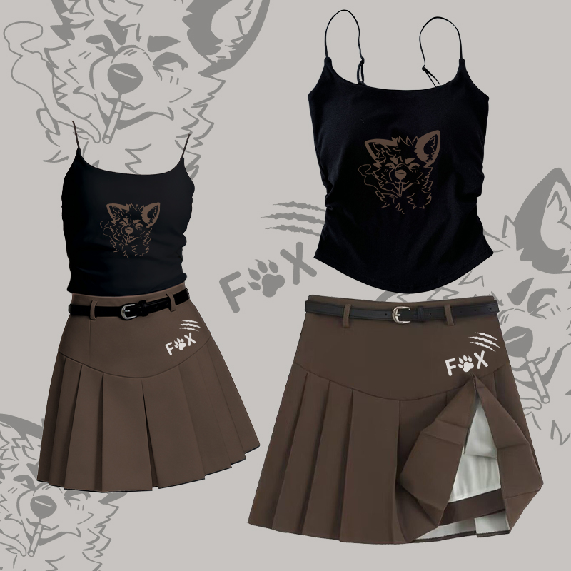 MODAKAWA X atka Smoking Fox Graphic Camisole Belt Pleated Skirt Two Pieces Set - Set A - L - image 1