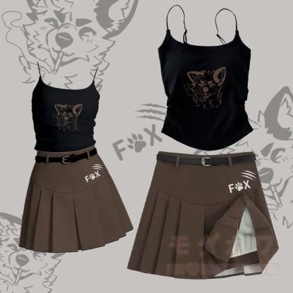 MODAKAWA X atka Smoking Fox Graphic Camisole Belt Pleated Skirt Two Pieces Set - Satz A - L - image 1