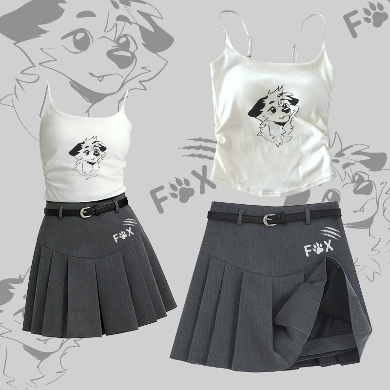 MODAKAWA X atka Smile Fox Graphic Camisole Belt Pleated Skirt Two Pieces Set - Set A - L - image 1