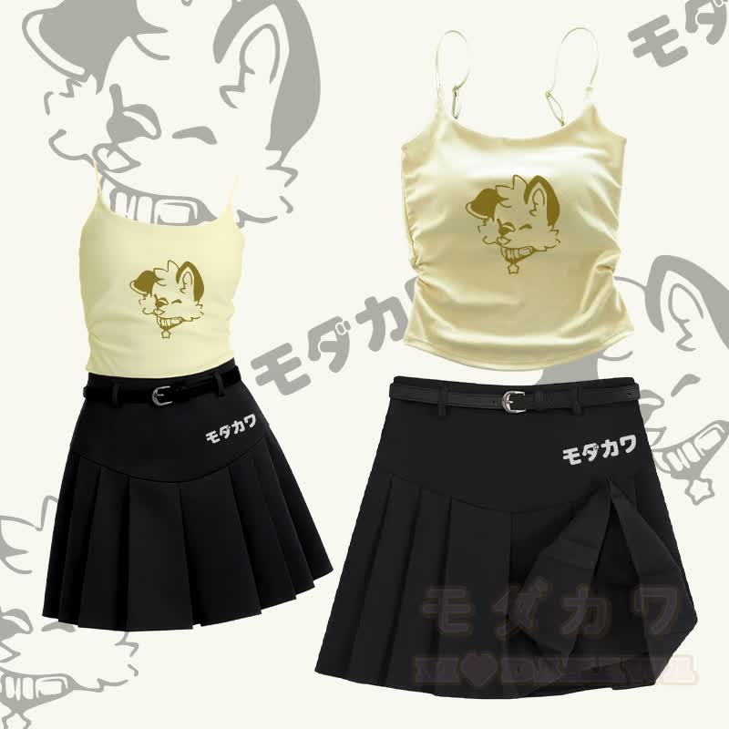 MODAKAWA X atka Lustiges Fuchs-Grafik-Camisole, Gürtel, Faltenrock, zweiteiliges Set - Satz B - L - image 2