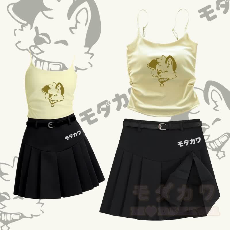 MODAKAWA X atka Lustiges Fuchs-Grafik-Camisole, Gürtel, Faltenrock, zweiteiliges Set - Satz B - L - image 2