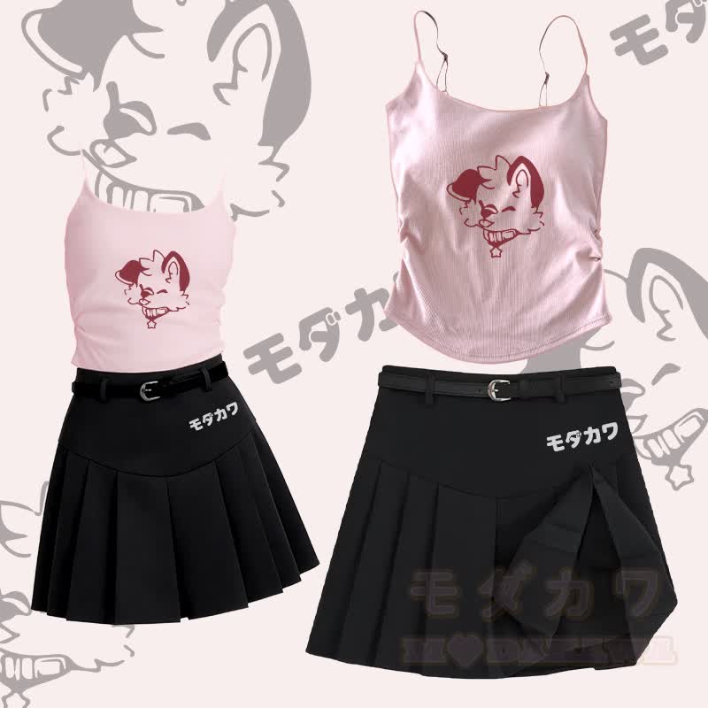 MODAKAWA X atka Lustiges Fuchs-Grafik-Camisole, Gürtel, Faltenrock, zweiteiliges Set - Satz A - L - image 1