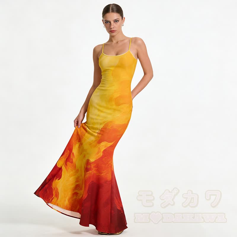 Maxikleid im Meerjungfrauenstil mit Farbverlauf und Flammenmuster, Spaghettiträgern - Gelb - 5XL - image 2