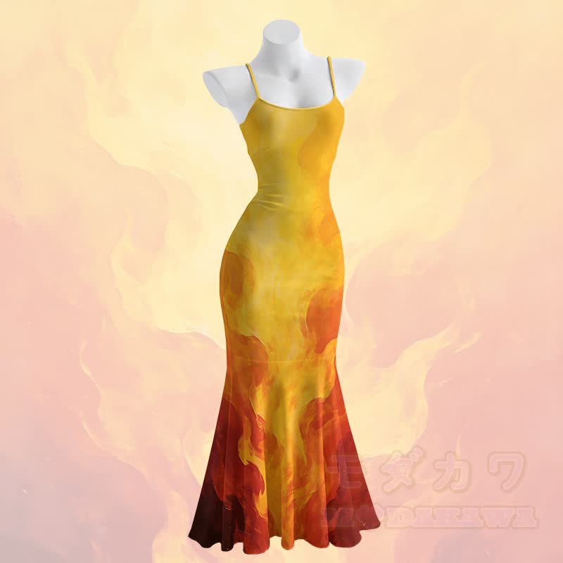Maxikleid im Meerjungfrauenstil mit Farbverlauf und Flammenmuster, Spaghettiträgern - image 1