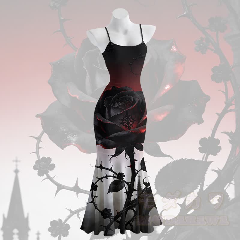 Gothic Rose Graphic Spaghetti Strap Maxi Mermaid Dress - Schwarz - 5XL - image 2