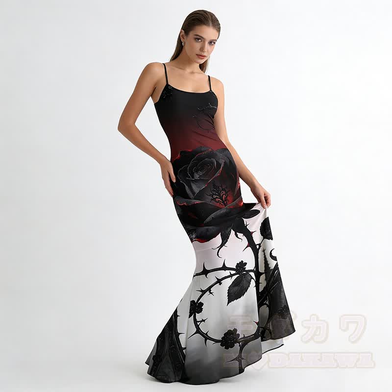 Gothic Rose Graphic Spaghetti Strap Maxi Mermaid Dress - image 1