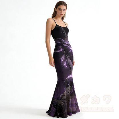 Maxikleid im Meerjungfrauenstil mit Schlangenmuster und Spaghettiträgern - Lila - 5XL - image 2