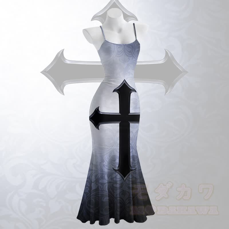 Gothic Cross Graphic Spaghetti Strap Maxi Mermaid Dress - Blau - 5XL - image 2