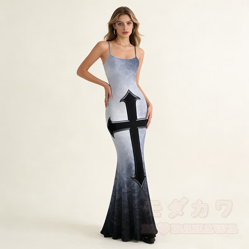 Gothic Cross Graphic Spaghetti Strap Maxi Mermaid Dress - image 1