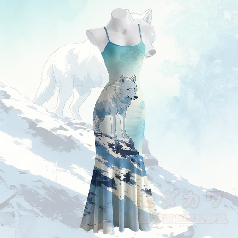 Maxikleid im Meerjungfrauenstil mit Wolfsmotiv und Spaghettiträgern - image 1