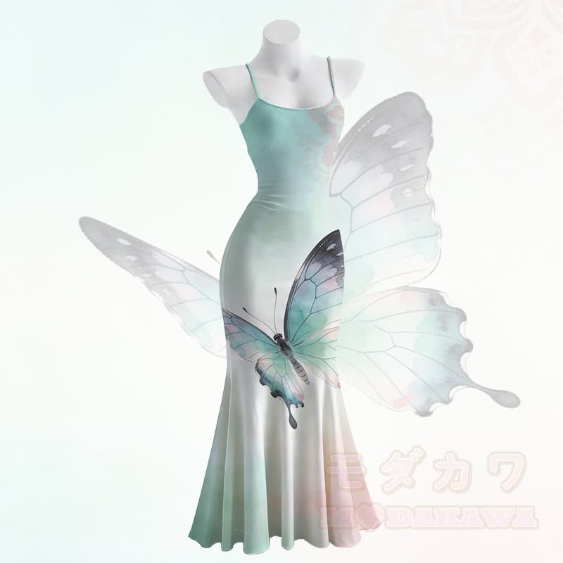 Maxikleid im Meerjungfrauenstil mit Schmetterlingsmotiv und Spaghettiträgern - Grün - 5XL - image 2