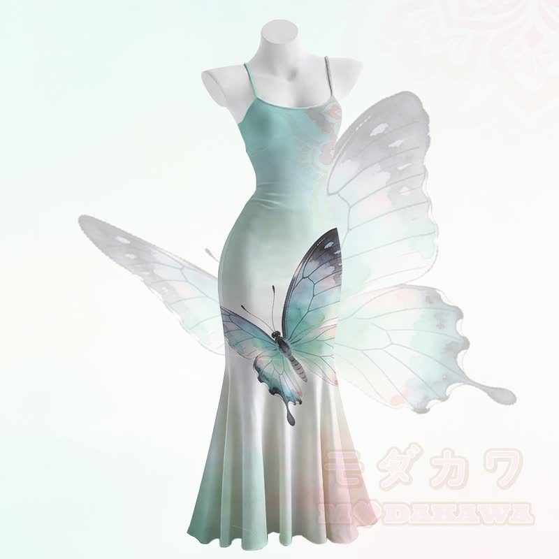 Maxikleid im Meerjungfrauenstil mit Schmetterlingsmotiv und Spaghettiträgern - Grün - 5XL - image 2