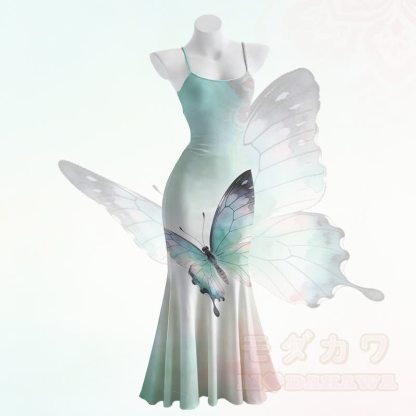 Maxikleid im Meerjungfrauenstil mit Schmetterlingsmotiv und Spaghettiträgern - Grün - 5XL - image 2