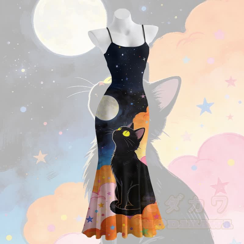 Katzen-Mond-Grafik Spaghetti-Träger Maxi Meerjungfrauenkleid - image 1