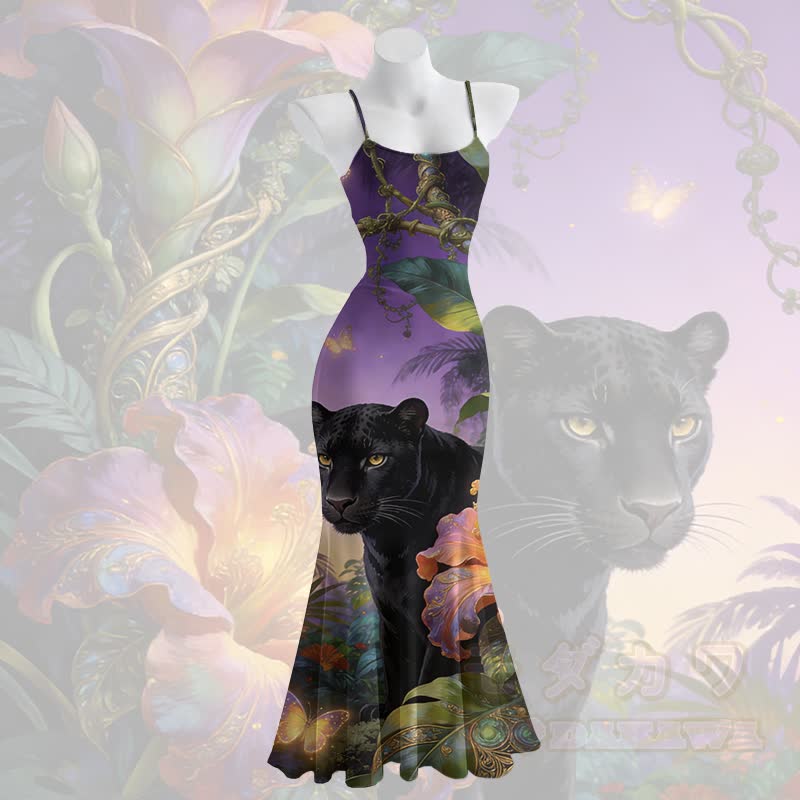 Schwarzes Panther-Grafik-Maxikleid mit Spaghettiträgern im Meerjungfrauenstil - Lila - 5XL - image 2