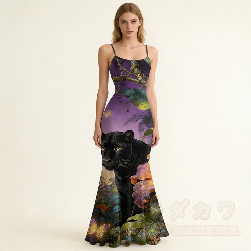 Schwarzes Panther-Grafik-Maxikleid mit Spaghettiträgern im Meerjungfrauenstil - image 1